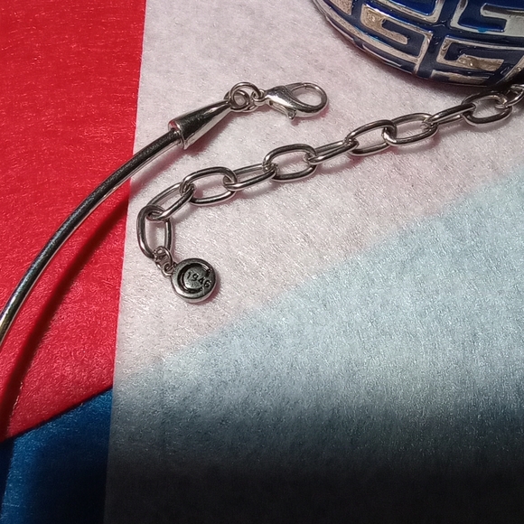 Silver tone Cuff w/ Blue  AND Burgundy Fringe Neckwire AND Fretwork Earrings - Picture 6 of 7